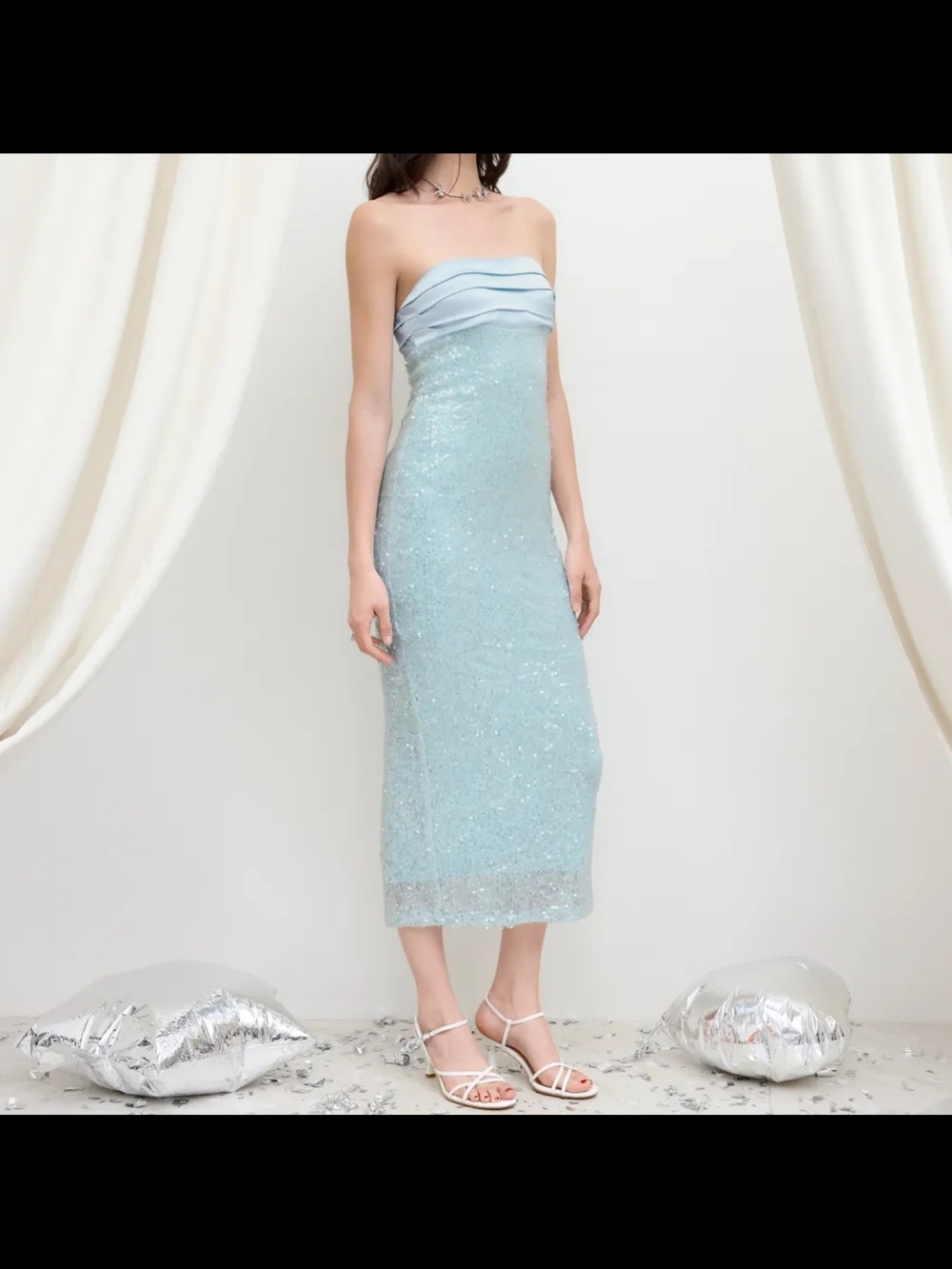 Strapless Sequin Midi Dress in Light Blue